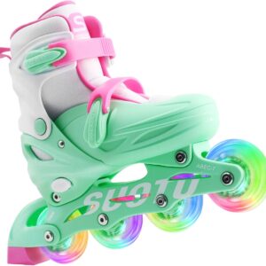 Suotu Skeelers - Inlineskates Verstelbaar - Skeelers meisjes en jongens - Maat: EUR 37-41 - lichtgevende wielen - Groen/Wit - L (8721049721191)
