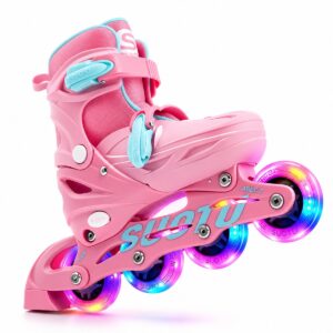 Suotu Skeelers - Inlineskates Verstelbaar - Lijn: S78 - Skeelers meisjes en jongens - Maat: EUR 32-36 - lichtgevende wielen - Roze/Blauw - M (8721049720385)